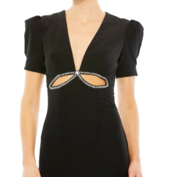 MAC DUGGAL CUTOUT EMBELLISHED SHORT SLEEVE COLUMN BLACK GOWN sz 2 - Picture 3 of 6